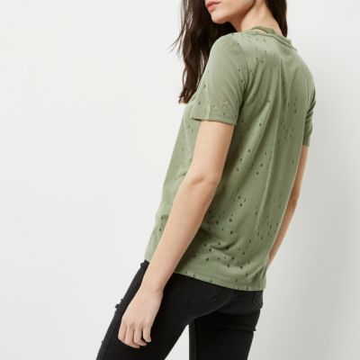 Khaki green distressed cut out T-shirt